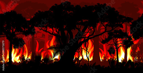 Amazonia rainforest Jungle in Brazil is burning -  fire Deforestation Seamless Vector Illustration