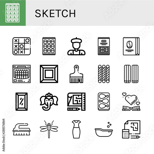 Set of sketch icons such as Bagel, Tic tac toe, Marshmallow, Artist, Coffee beans, Crayon, Art, Brush, Grissini, Full length mirror, Ganesha, Blueprint, Chicken leg, Heart , sketch