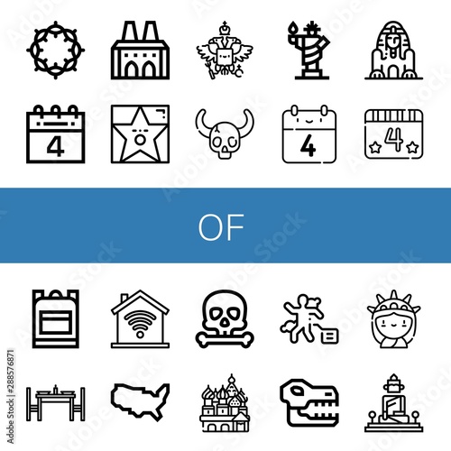 Set of of icons such as Crown of thorns, th july, National palace sintra, Walk fame, Coat arms, Skull, Statue liberty, Great sphinx giza, School bag, Dinning table ,