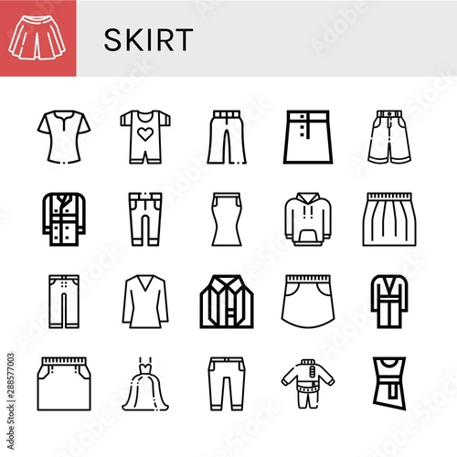 Set of skirt icons such as Skirt  Blouse  Baby clothes  Trousers  Trench coat  Hoodie  Clothes  Coat  Wedding dress   skirt