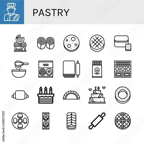 Set of pastry icons such as Baker, Donut shop, Bun, Chocolate chip, Round bread, Bread, Dough, Donut, Wafer, Cookies, Croissant, Cake, Cheburek, Wedding cake, Bagel, Cheesecake , pastry