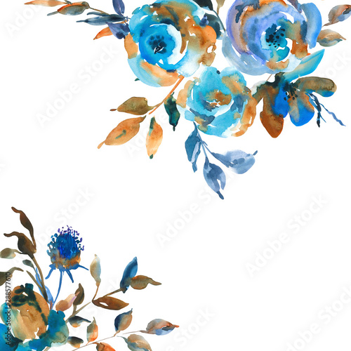 Watercolor turquoise roses  wildflowers  vintage greeting card. Natural blue floral design elements isolated on white background