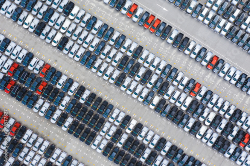 Top view of cars in logistics export and import area  photo