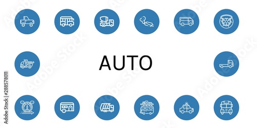Set of auto icons such as Jeep, School bus, Mixer truck, Muffler, Van, Brake, Speed, Caravan, Garbage truck, Camper van, Police car, Dump truck, , auto