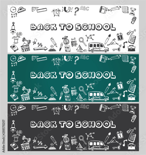 Back to School doodle brightly colored text and design elements on dark background