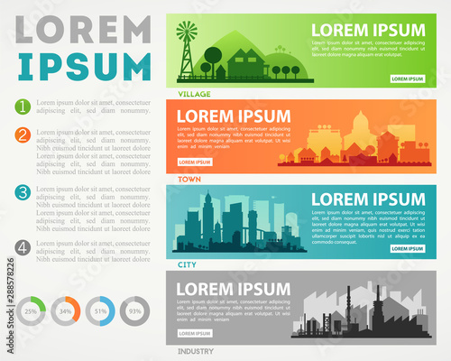 Abstract stylish cityscape infographics. Infographics elements collection with town, city, farm and industrial districts