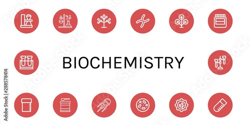Set of biochemistry icons such as Test tube, Phylogenetics, Chromosome, Phylogenetic, Hormones, Sample tube, Formula, Nanotechnology, Petri dish , biochemistry