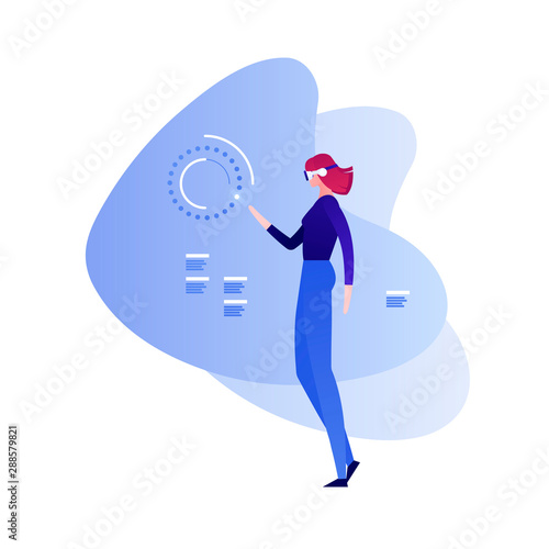 Vector virtual reality person illustration. Female in vr glasses work with futuristic interface on abstract background. Concept of innovation in technology. Design for banner, poster, flyer, website