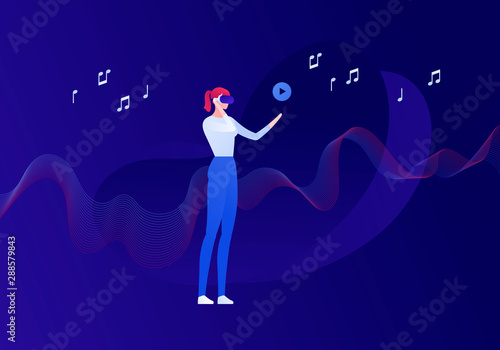 Vector virtual reality person banner template. Female in vr glasses holding play icon on fluid wave background. Concept of innovation in music entertainment. Design element for poster, flyer, web