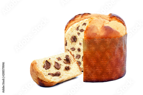 chocolate stuffed panettone, typical Brazilian sweet bread served as a dessert for Christmas and New Year celebrations. Known as chocotone. Christmas food isolated on white background. photo