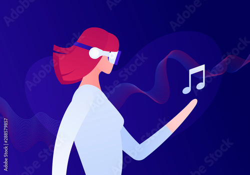 Vector virtual reality person banner template. Female in vr glasses holding musical note on fluid wave background. Concept of innovation in music entertainment. Design element for poster, flyer, web