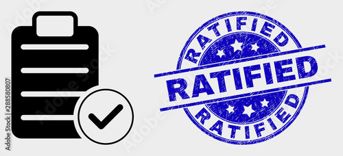 Vector accept pad text icon and Ratified seal stamp. Red rounded scratched seal stamp with Ratified caption. Vector combination in flat style. Black isolated accept pad text icon.