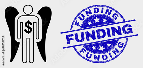 Vector angel investor icon and Funding seal stamp. Red round grunge seal stamp with Funding caption. Vector combination in flat style. Black isolated angel investor icon.