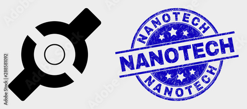 Vector artificial joint icon and Nanotech seal stamp. Red rounded scratched stamp with Nanotech caption. Vector composition in flat style. Black isolated artificial joint icon.