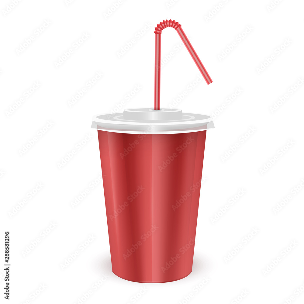 Red paper disposable cup with lid and drinking straw for cold beverage -soda, ice tea or cocktail, Realistic packaging mockup template, Vector EPS 10 format Red paper disposable cup with lid and drinking straw for cold beverage -soda, ice tea or cocktail, Realistic packaging mockup template, Vector EPS 10 format