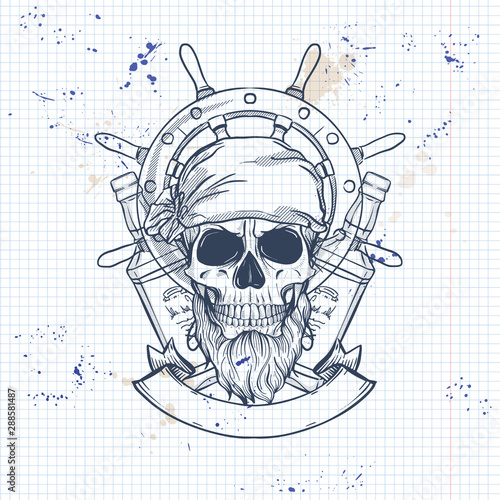 Sketch, pirate skull with bottle of rum, beard and ships steering wheel. Poster, flyer design on a notebook page