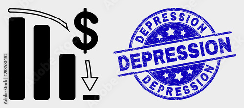 Vector bankruptcy bar chart icon and Depression seal stamp. Red rounded distress seal with Depression text. Vector composition in flat style. Black isolated bankruptcy bar chart icon.