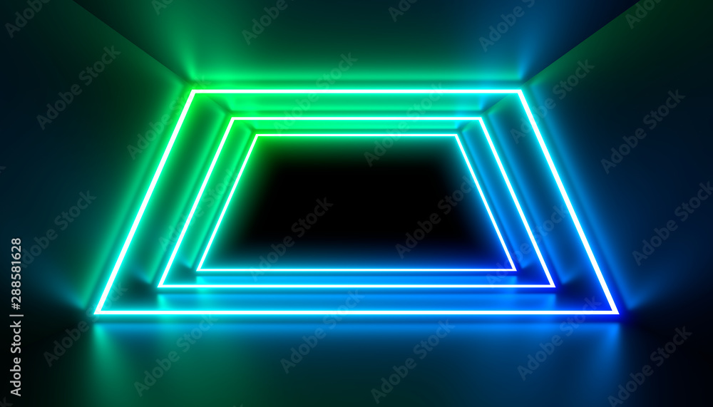Multicolored neon lamps in a dark tunnel. Reflections on the walls. Multicolored neon lamps in a dark tunnel. Reflections on the walls.