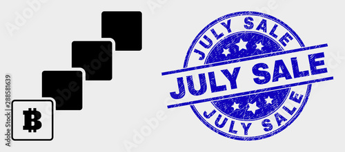 Vector bitcoin blockchain icon and July Sale seal stamp. Red round distress seal stamp with July Sale text. Vector combination in flat style. Black isolated bitcoin blockchain symbol.