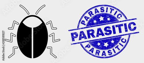 Vector bug icon and Parasitic seal. Red rounded distress seal with Parasitic caption. Vector combination in flat style. Black isolated bug icon.
