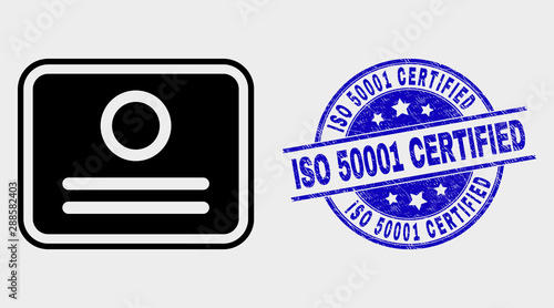 Vector certificate pictogram and ISO 50001 Certified watermark. Red round scratched watermark with ISO 50001 Certified caption. Vector combination in flat style. Black isolated certificate pictogram.