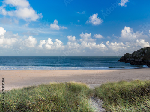 Barafundle Beach  Pembrokeshire  Wales. Barafundle Bay is a remote  slightly curved  east-facing sandy beach in Pembrokeshire  Wales.