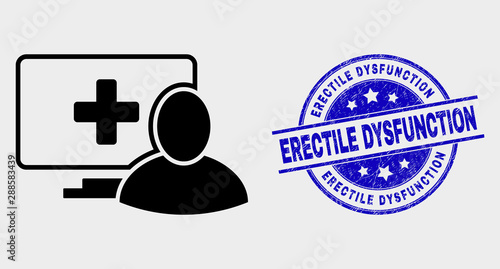 Vector computer patient pictogram and Erectile Dysfunction seal. Red round textured seal stamp with Erectile Dysfunction caption. Vector combination in flat style.