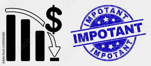 Vector crisis bar chart pictogram and Impotant seal stamp. Red rounded textured seal stamp with Impotant text. Vector combination in flat style. Black isolated crisis bar chart icon.