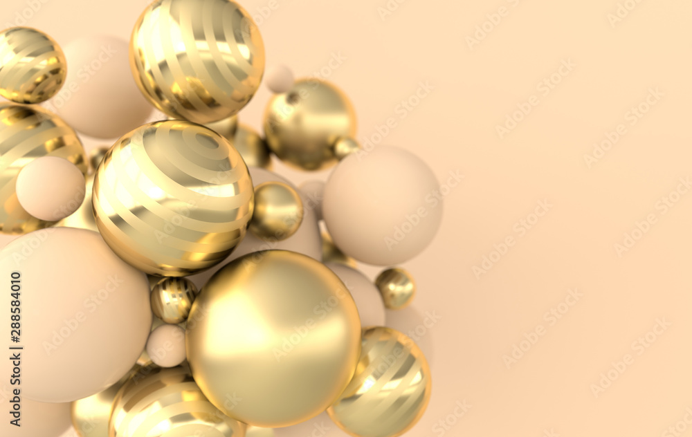 Colorful balls 3d rendering. Chaotic spheres geometric abstract background, primitive shapes, minimalistic design, beige and golden colors Colorful balls 3d rendering. Chaotic spheres geometric abstract background, primitive shapes, minimalistic design, beige and golden colors