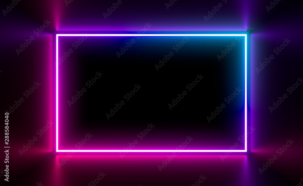 Multicolored neon lamps in a dark tunnel. Reflections on the walls.
