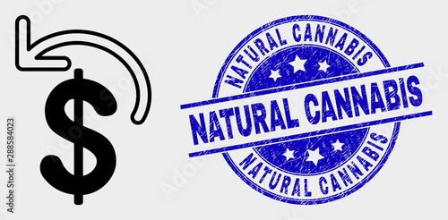 Vector dollar refund pictogram and Natural Cannabis seal stamp. Red round scratched seal stamp with Natural Cannabis text. Vector combination in flat style. Black isolated dollar refund icon.