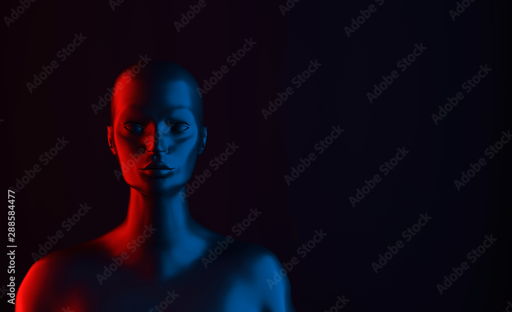 Female mannequin head 3d render. Shop display, neon red and blue light Female mannequin head 3d render. Shop display, neon red and blue light