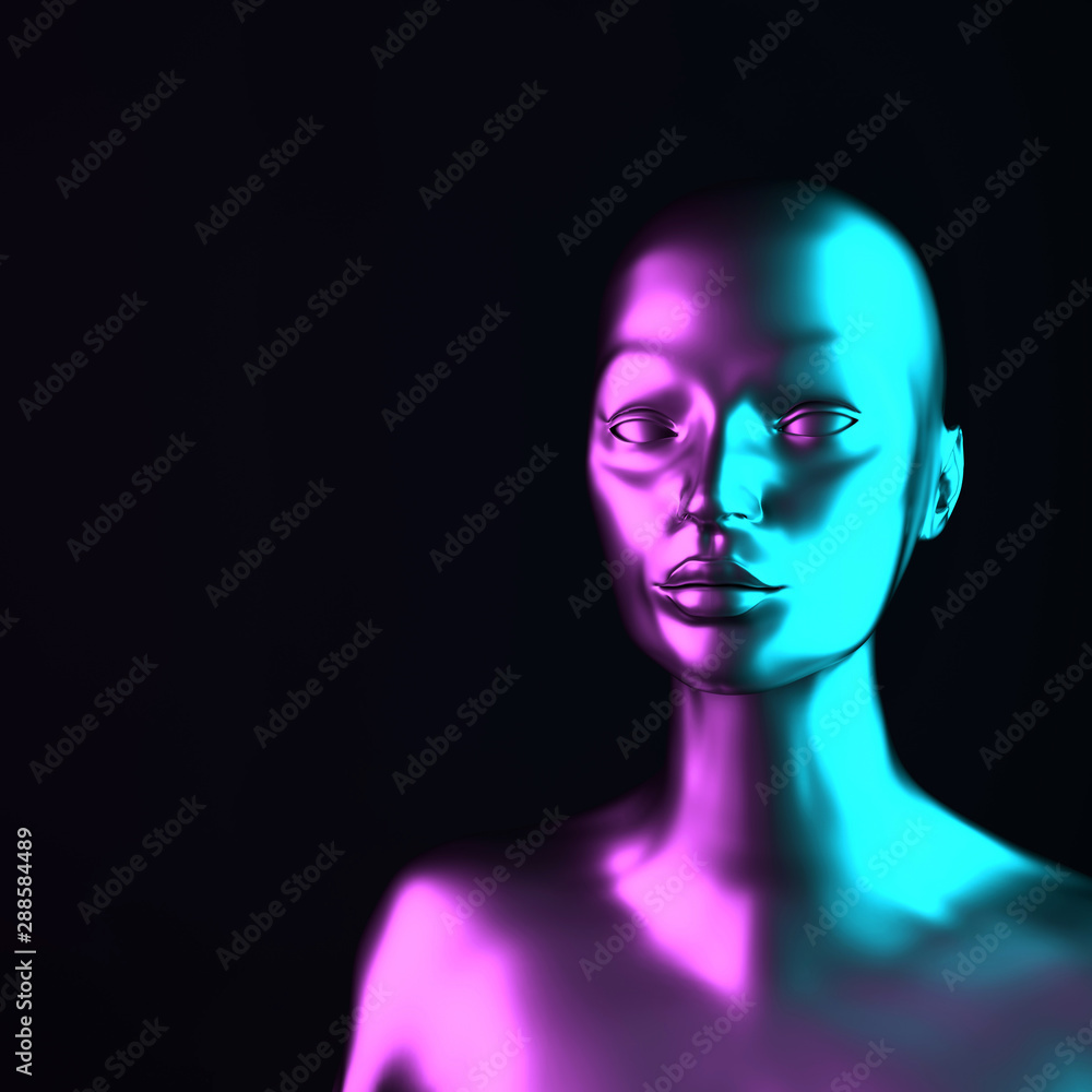 Female mannequin head 3d render. Shop display, neon purple and green light Female mannequin head 3d render. Shop display, neon purple and green light