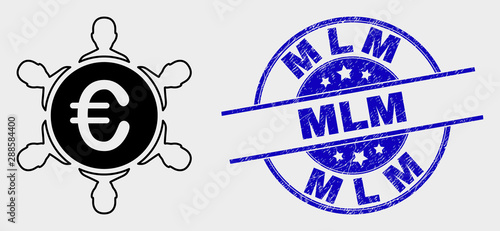 Vector euro people company pictogram and Mlm seal stamp. Red rounded scratched stamp with Mlm caption. Vector composition in flat style. Black isolated euro people company pictogram.