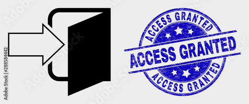 Vector exit door icon and Access Granted seal. Red rounded scratched seal stamp with Access Granted text. Vector composition in flat style. Black isolated exit door icon.