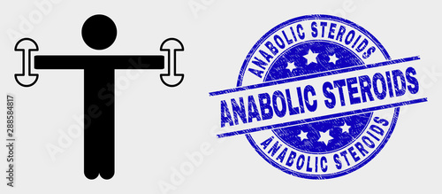 Vector fitness person icon and Anabolic Steroids seal stamp. Red rounded grunge seal stamp with Anabolic Steroids caption. Vector combination in flat style. Black isolated fitness person pictogram.