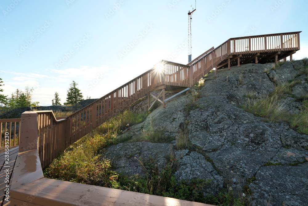 Yellowknife,Canada-September 1, 2019: Steps of Bush Pilot's Monument or just Pilot's Monument, the most popular lookout rises above Old Town in Yellowknife