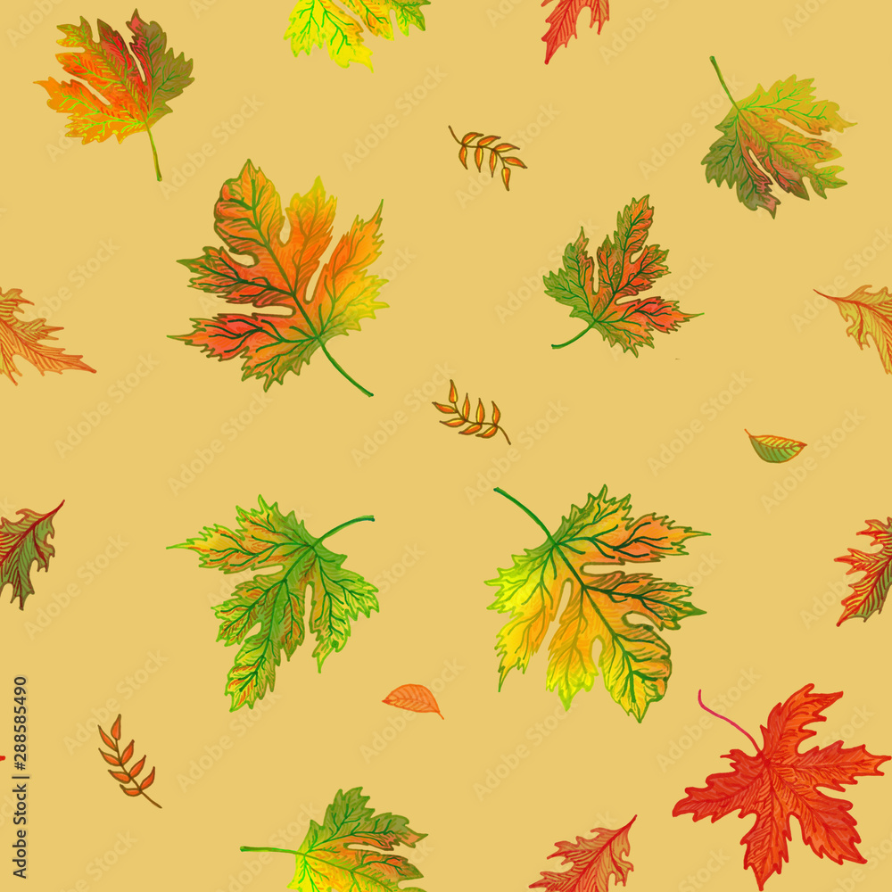 Fototapeta premium Hand-drawn seamless pattern with autumn leaves of maple and other trees. Autumn abstract background. yellow background, fall concept, close up, copy space
