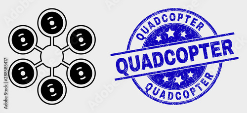 Vector hexacopter icon and Quadcopter seal stamp. Red round grunge seal with Quadcopter caption. Vector combination in flat style. Black isolated hexacopter icon.