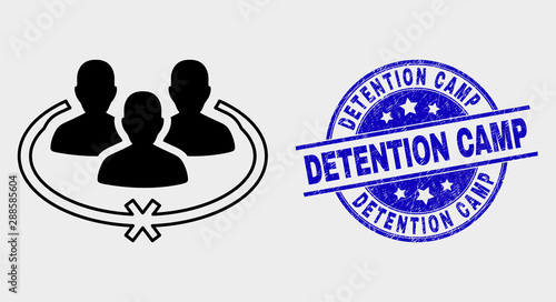 Vector jailed persons pictogram and Detention Camp seal stamp. Red round scratched seal stamp with Detention Camp caption. Vector composition in flat style. Black isolated jailed persons symbol.