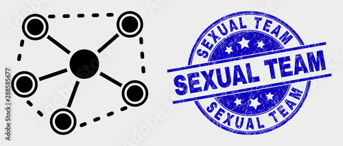 Vector links pictogram and Sexual Team stamp. Red rounded distress stamp with Sexual Team text. Vector combination in flat style. Black isolated links pictogram.