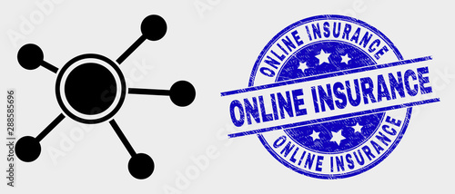 Vector links icon and Online Insurance seal. Red rounded distress seal with Online Insurance caption. Vector composition in flat style. Black isolated links icon.