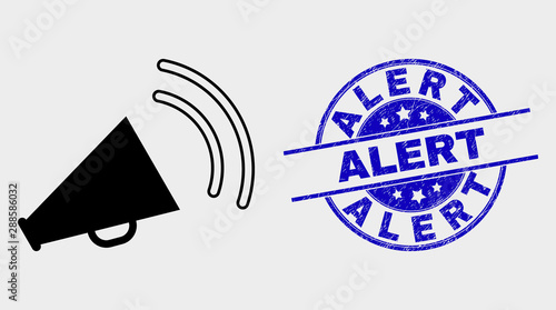 Vector megaphone sound pictogram and Alert stamp. Red rounded distress seal stamp with Alert caption. Vector composition in flat style. Black isolated megaphone sound pictogram.