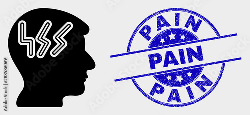Vector migraine head pictogram and Pain stamp. Red rounded distress seal stamp with Pain text. Vector combination in flat style. Black isolated migraine head pictogram.