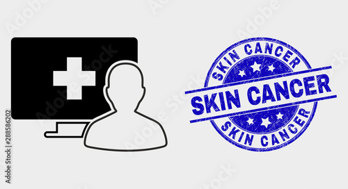 Vector online medical patient pictogram and Skin Cancer stamp. Red rounded grunge seal stamp with Skin Cancer text. Vector combination in flat style. Black isolated online medical patient pictogram.