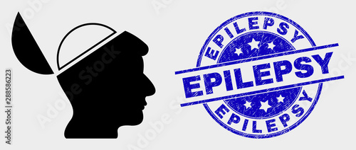 Vector open mind pictogram and Epilepsy seal stamp. Red rounded textured seal stamp with Epilepsy text. Vector composition in flat style. Black isolated open mind pictogram.
