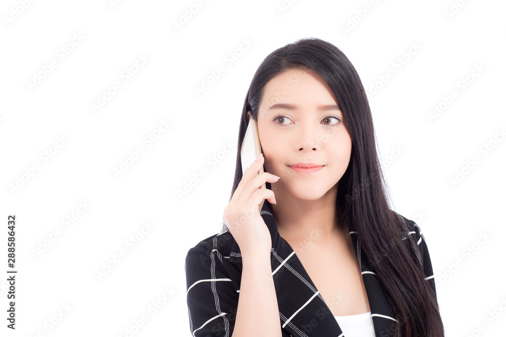 Beautiful of portrait asian young woman smile and happy talking calling with mobile phone isolated on white background, communication concept. Beautiful of portrait asian young woman smile and happy talking calling with mobile phone isolated on white background, communication concept.