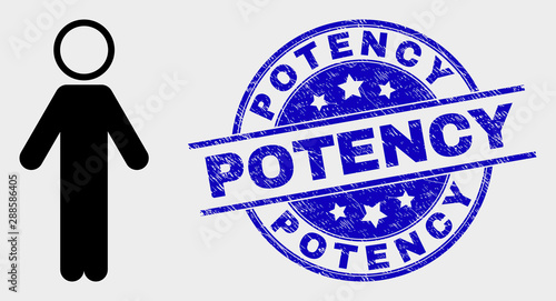 Vector person pictogram and Potency watermark. Red rounded textured watermark with Potency text. Vector composition in flat style. Black isolated person pictogram.