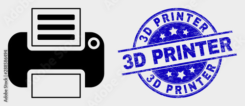Vector printer icon and 3D Printer stamp. Red round grunge seal stamp with 3D Printer text. Vector combination in flat style. Black isolated printer icon.