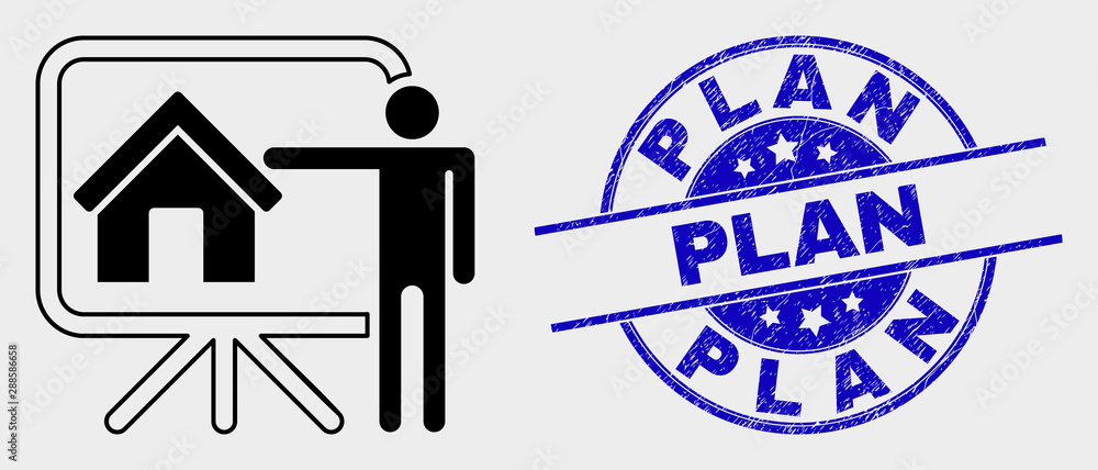 Vector realtor public report icon and Plan stamp. Red round distress seal stamp with Plan caption. Vector combination in flat style. Black isolated realtor public report icon. Vector realtor public report icon and Plan stamp. Red round distress seal stamp with Plan caption. Vector combination in flat style. Black isolated realtor public report icon.